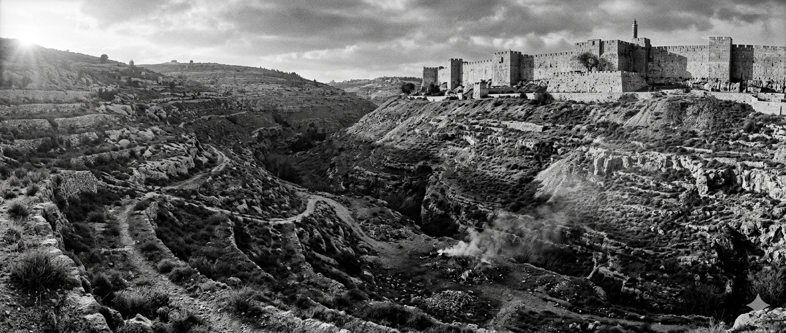 Wide black-and-white documentary photograph of the Valley of Hinnom (Gehenna) outside the southwest walls of ancient Jerusalem. Terraced limestone slopes, smoke rising from the valley floor, weathered Herodian city walls on the upper-right ridge. The literal municipal refuse valley Jesus named when He used the word translated 'hell' in English Bibles.